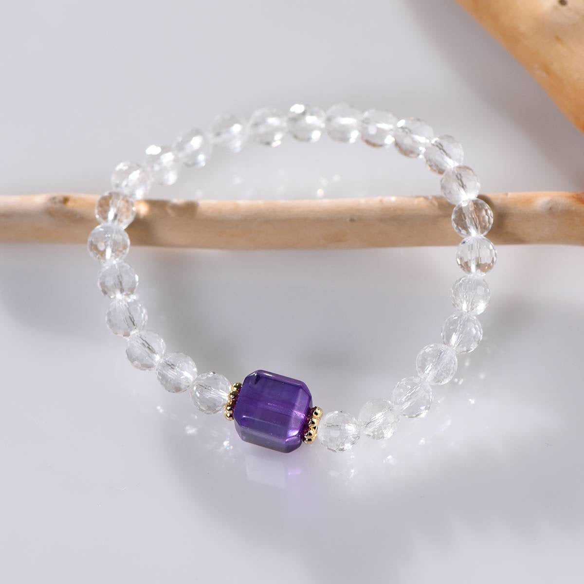 Faceted Clear Quartz & Amethyst Bracelet | Clarity & Inner Light(6mm)