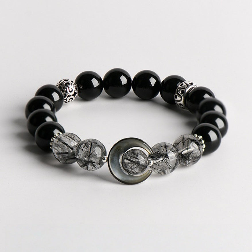 Men's bracelet with obsidian and rutilated quartz