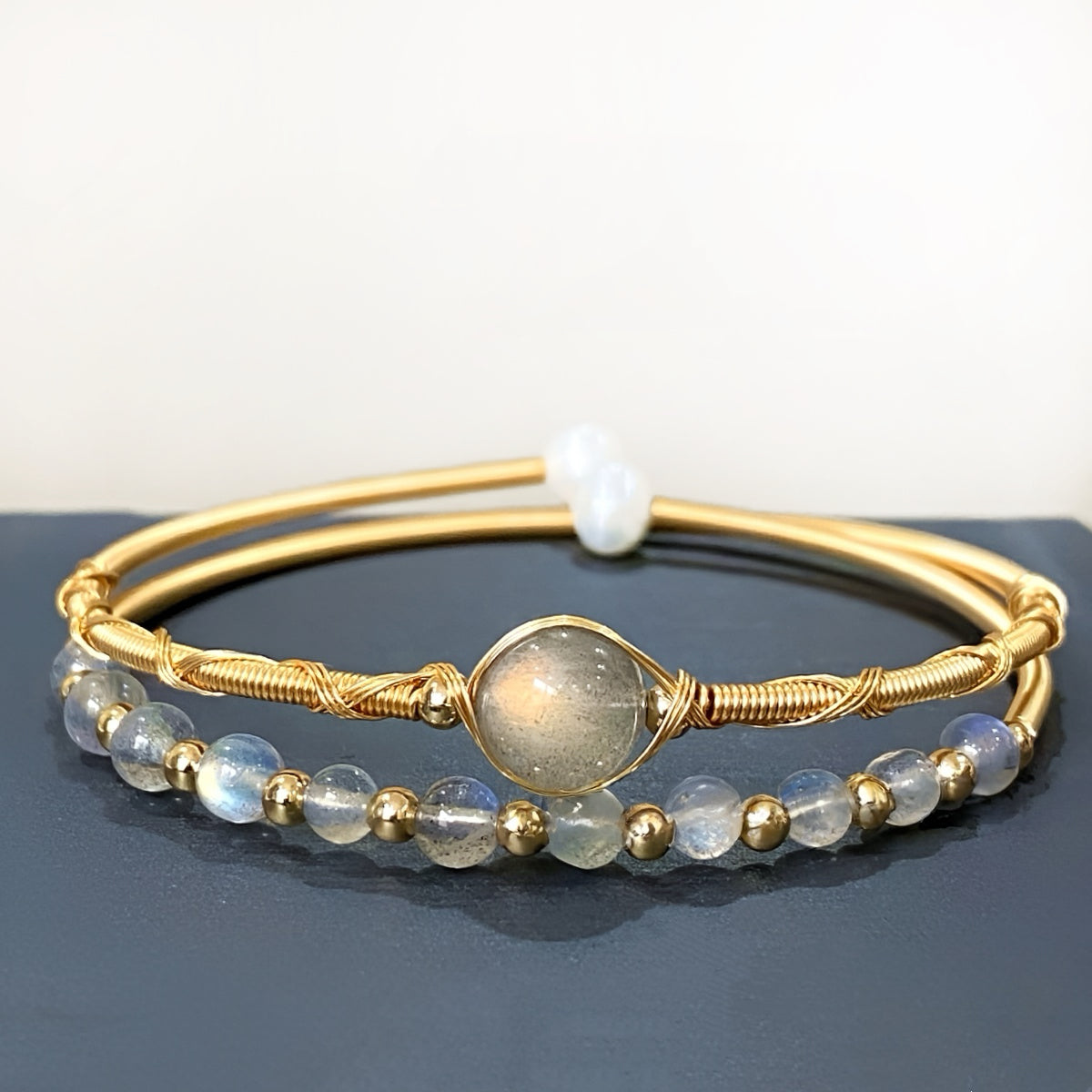 Labradorite bangle with shimmer effect, energy protection stone