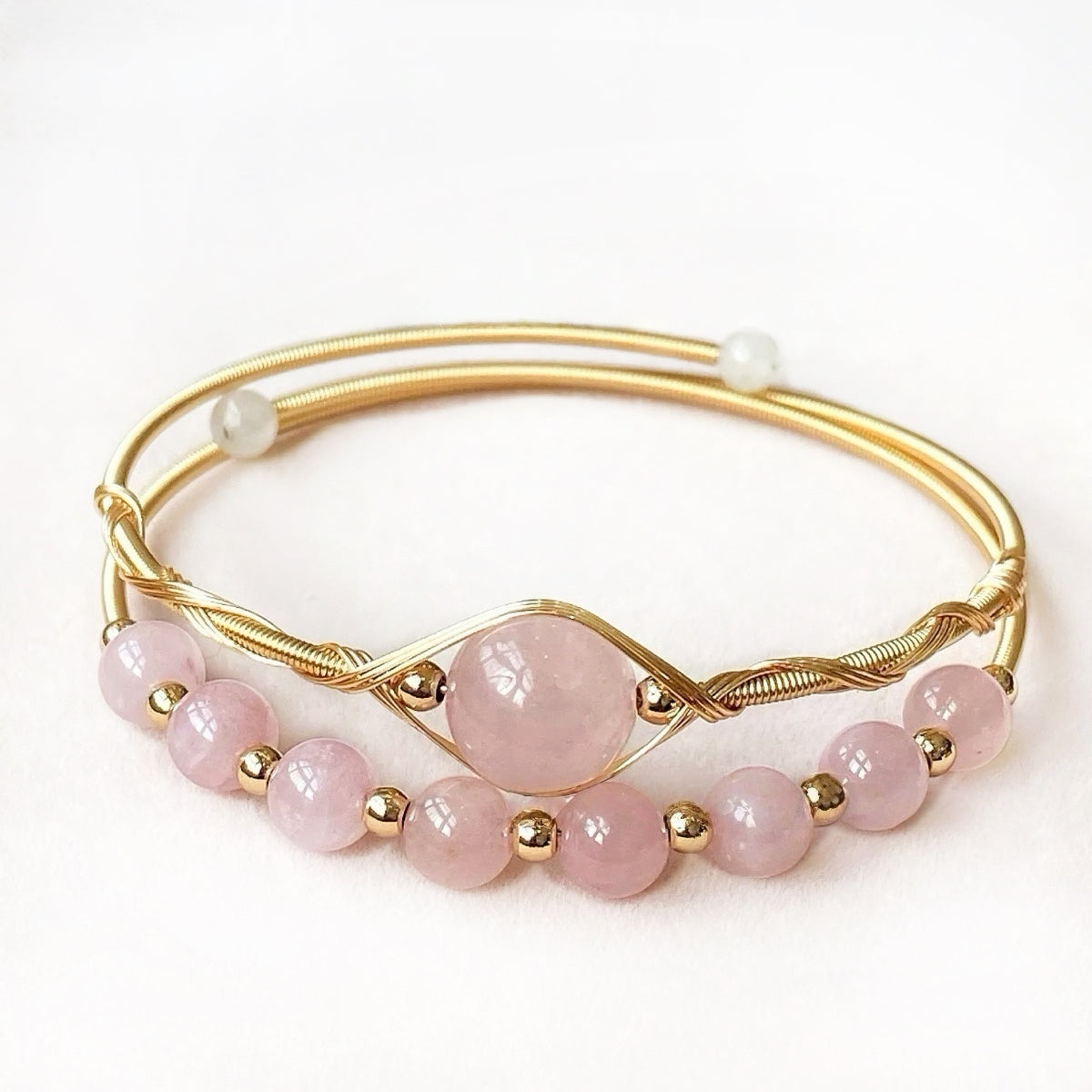 Rose quartz bangle, handcrafted with 14K gold wire