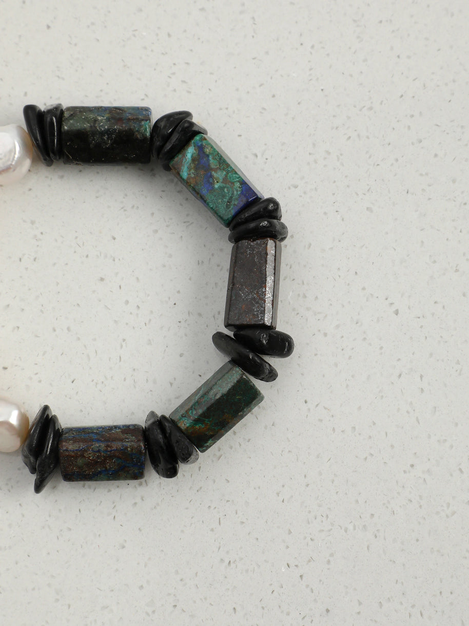 Azurite & Black Tourmaline & Baroque Pearl Bracelet | Protection & Grounding