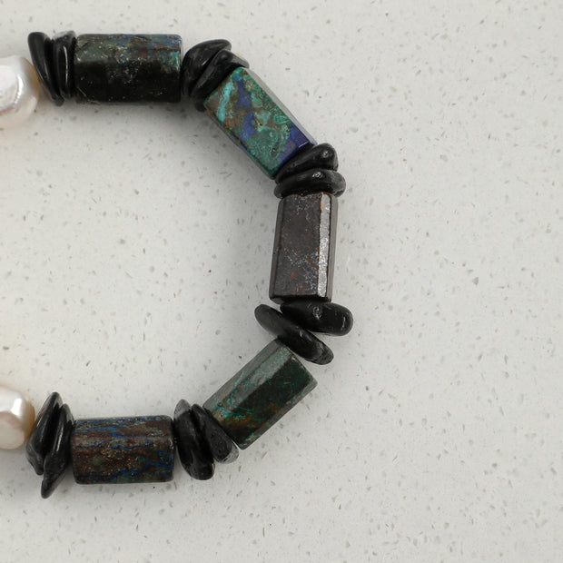 Azurite & Black Tourmaline & Baroque Pearl Bracelet | Protection & Grounding