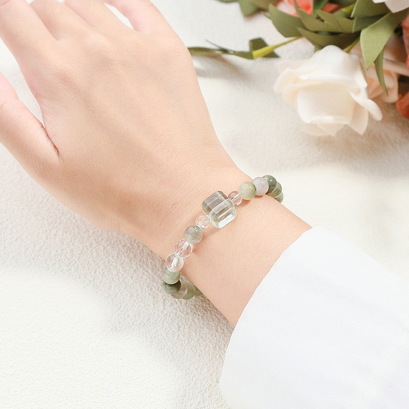 [Designer Edition] Ruhiges Wachstumsarmband | Grüner Rutilquarz x Bergkristall (8 mm)