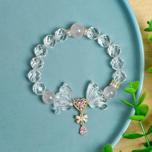 Love Attraction Bracelet | Rose Quartz, Clear Quartz & Angel Wings(10-11mm)