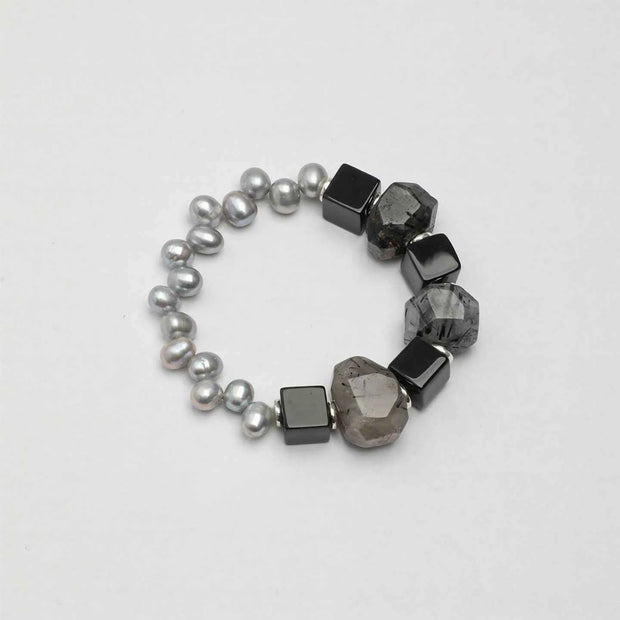 Black Rutilated Quartz & Grey Pearl Bracelet | Depth & Protection