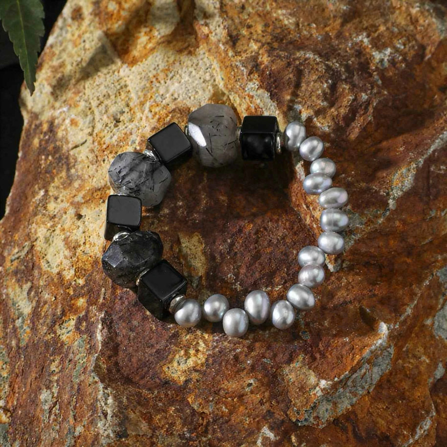 Black Rutilated Quartz & Grey Pearl Bracelet | Depth & Protection