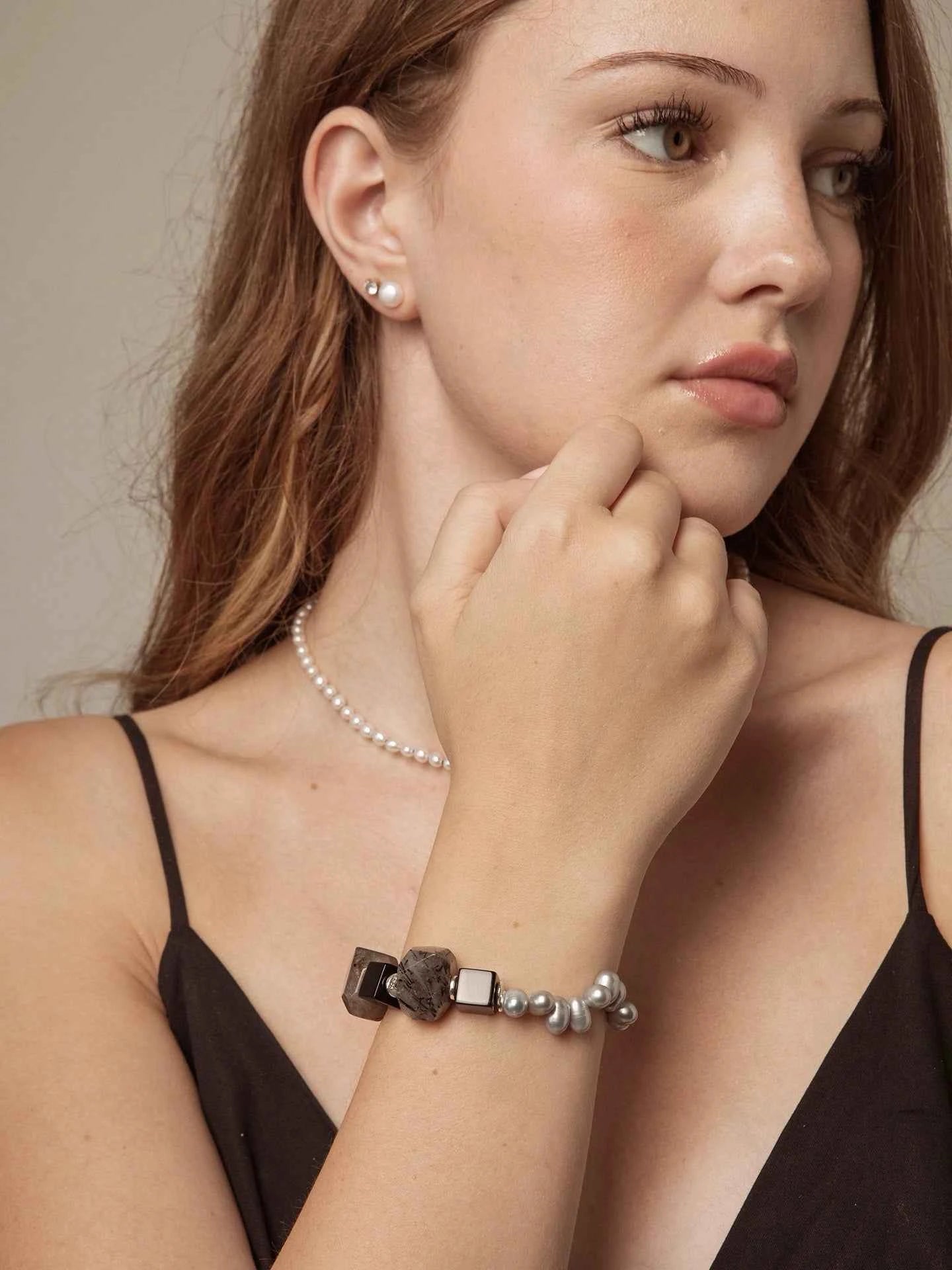 Black Rutilated Quartz & Grey Pearl Bracelet | Depth & Protection