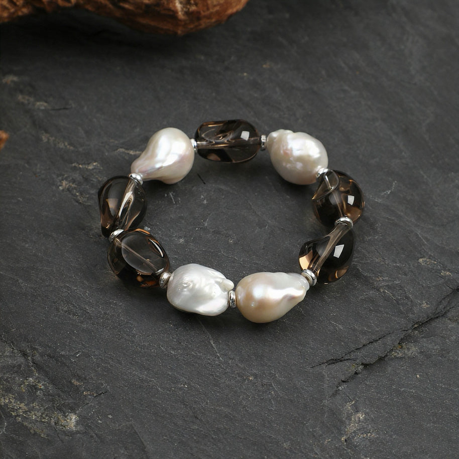 Smoky Quartz & Baroque Pearl Bracelet | Energy Cleansing