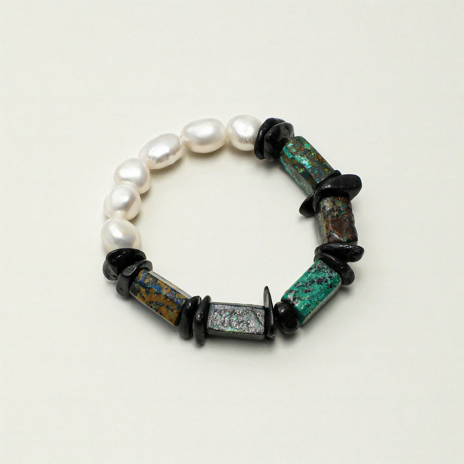 Azurite & Black Tourmaline & Baroque Pearl Bracelet | Protection & Grounding