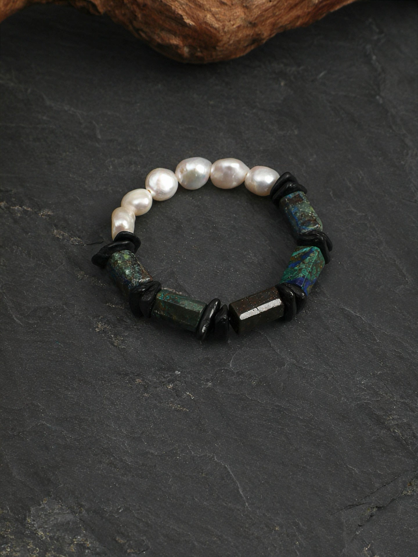 Azurite & Black Tourmaline & Baroque Pearl Bracelet | Protection & Grounding