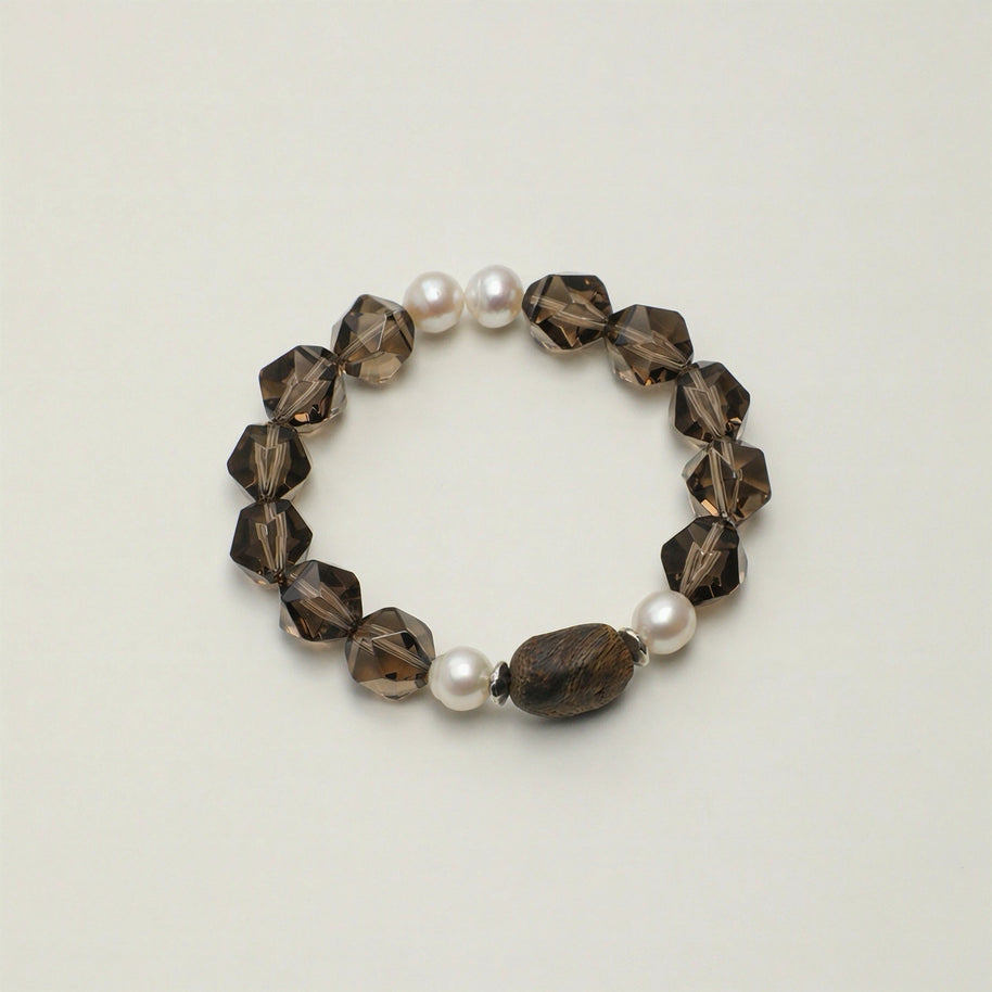 Smoky Quartz & Agarwood & Freshwater Pearl Bracelet | Grounding & Clarity