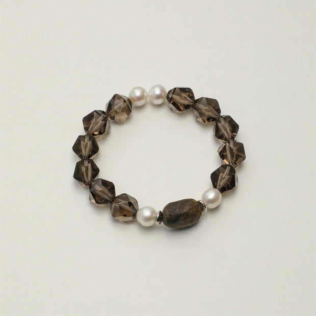 Smoky Quartz & Agarwood & Freshwater Pearl Bracelet | Grounding & Clarity