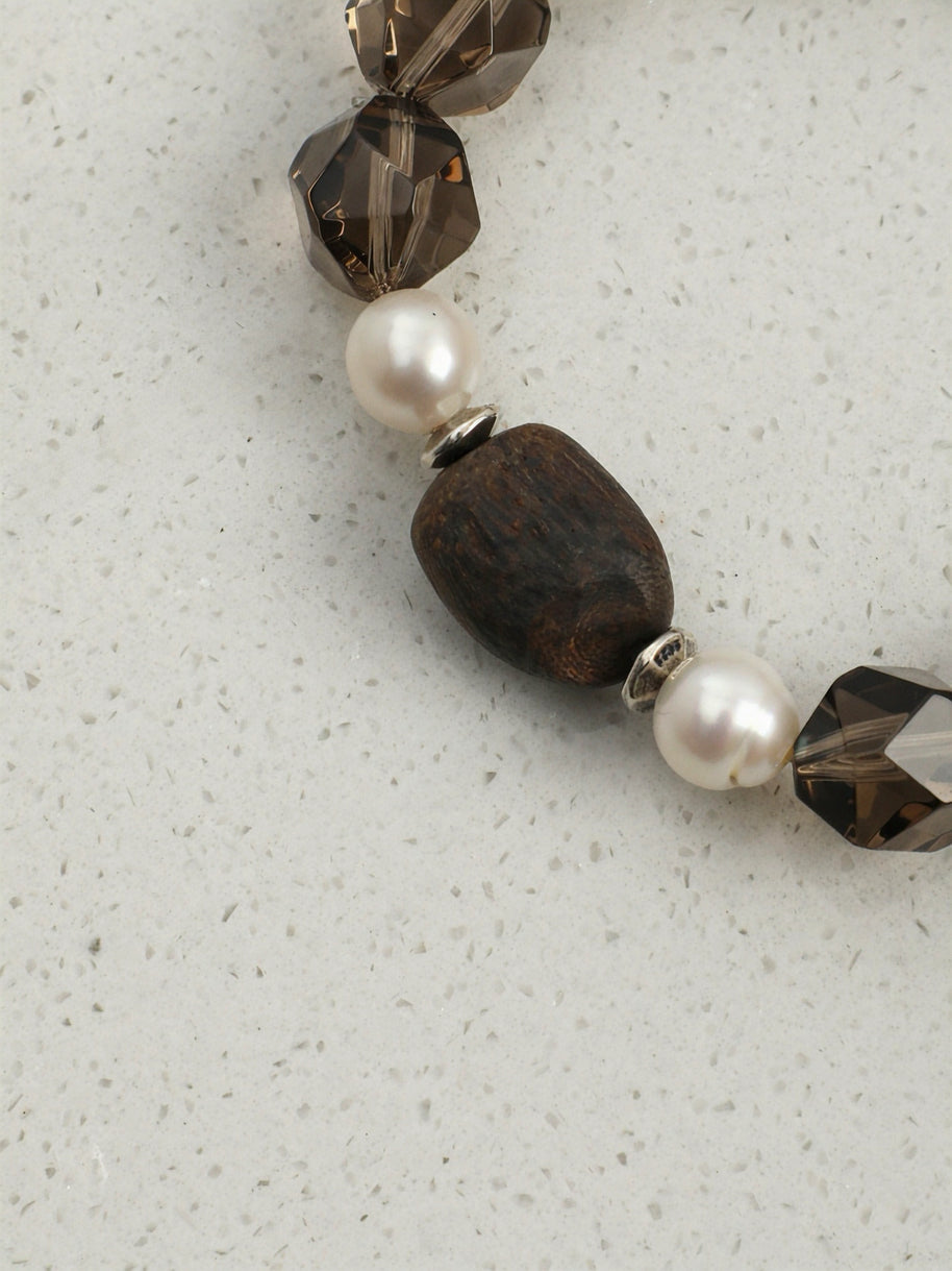 Smoky Quartz & Agarwood & Freshwater Pearl Bracelet | Grounding & Clarity