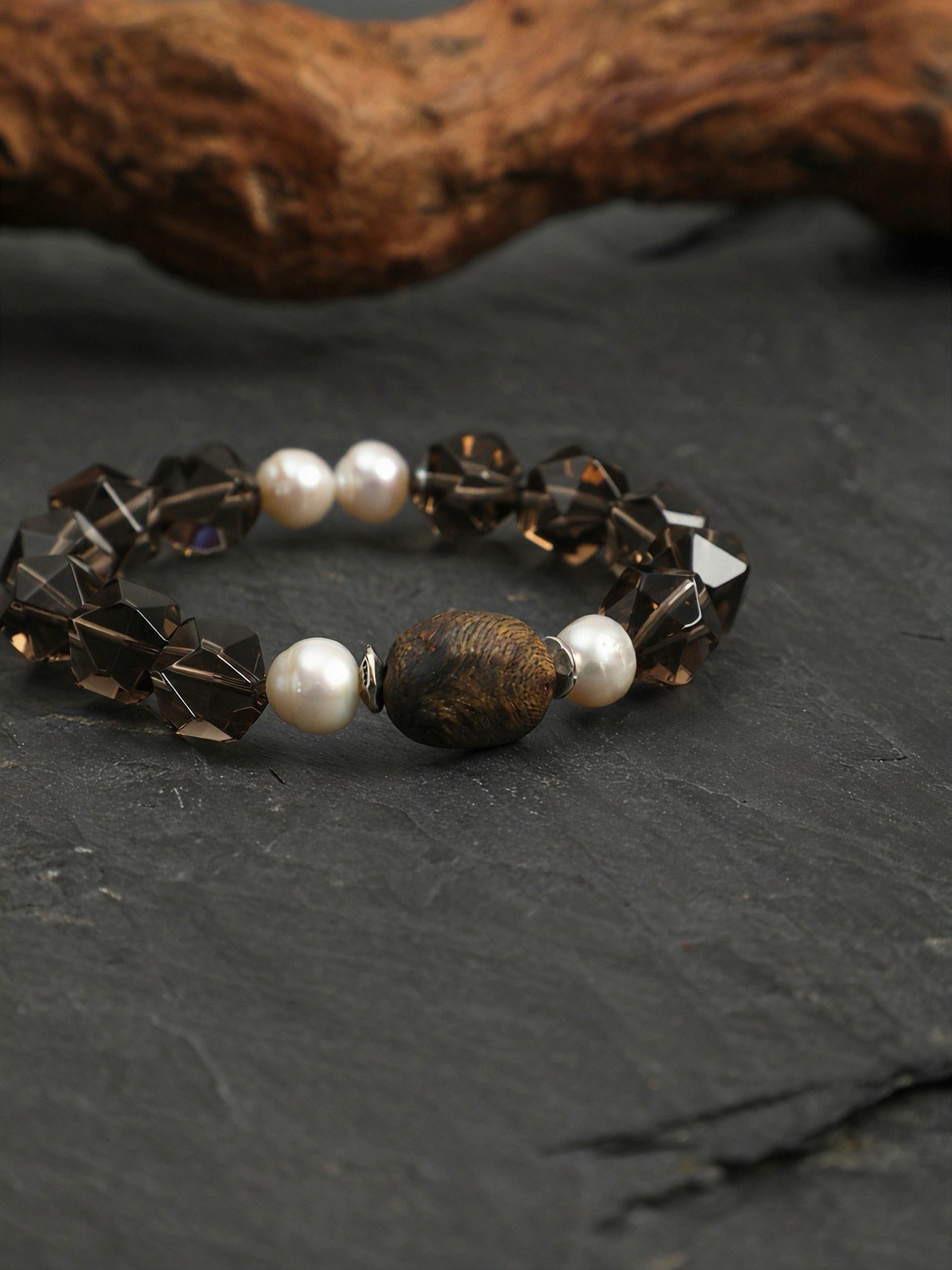 Smoky Quartz & Agarwood & Freshwater Pearl Bracelet | Grounding & Clarity