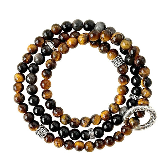 Guarded Wealth|Silver Sheen Obsidian&Tiger’s Eye Bracelet（6mm）