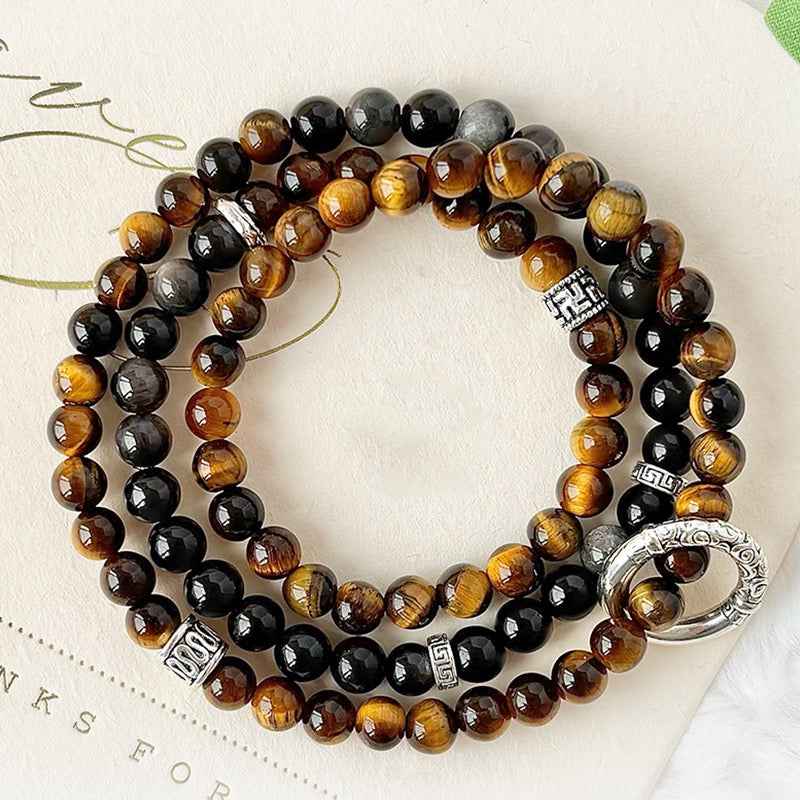 Guarded Wealth|Silver Sheen Obsidian&Tiger’s Eye Bracelet（6mm）