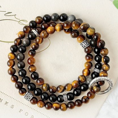 Guarded Wealth|Silver Sheen Obsidian&Tiger’s Eye Bracelet（6mm）