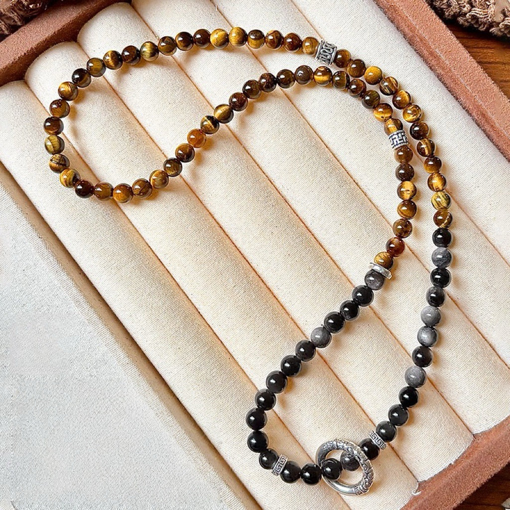 Guarded Wealth|Silver Sheen Obsidian&Tiger’s Eye Bracelet（6mm）