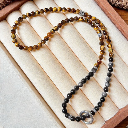 Guarded Wealth|Silver Sheen Obsidian&Tiger’s Eye Bracelet（6mm）
