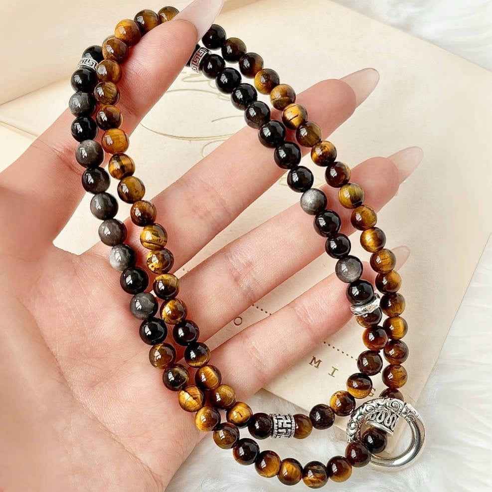 Guarded Wealth|Silver Sheen Obsidian&Tiger’s Eye Bracelet（6mm）