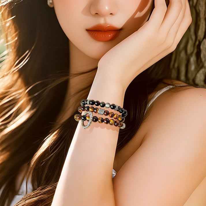 Guarded Wealth|Silver Sheen Obsidian&Tiger’s Eye Bracelet（6mm）