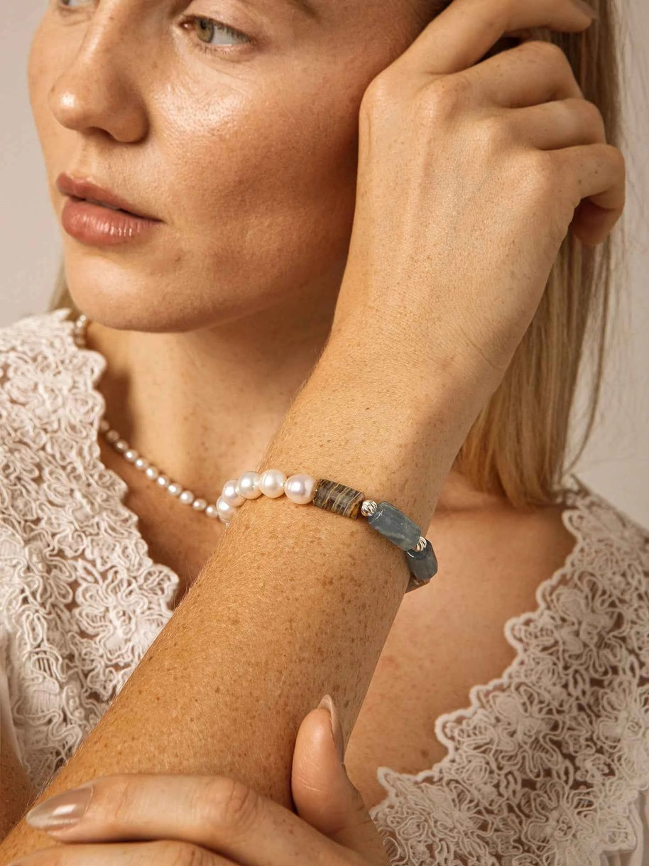 Blue Lazulite & Freshwater Pearl Bracelet | Calm & Clarity