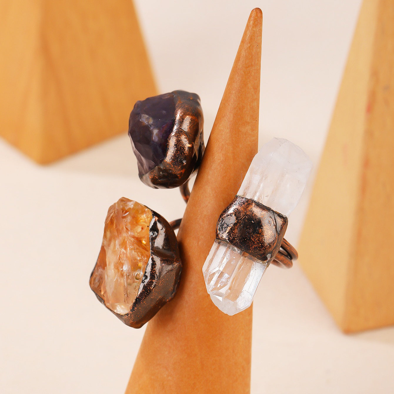 Close-up of Amethyst, Citrine & Quartz Ring
