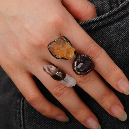 Amethyst, Citrine & Quartz Ring on Hand
