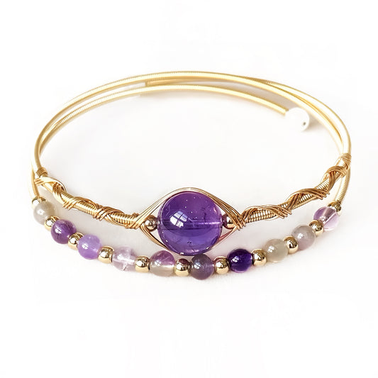 Double-layer wire wrapped amethyst crystal bangle