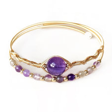 Double-layer wire wrapped amethyst crystal bangle