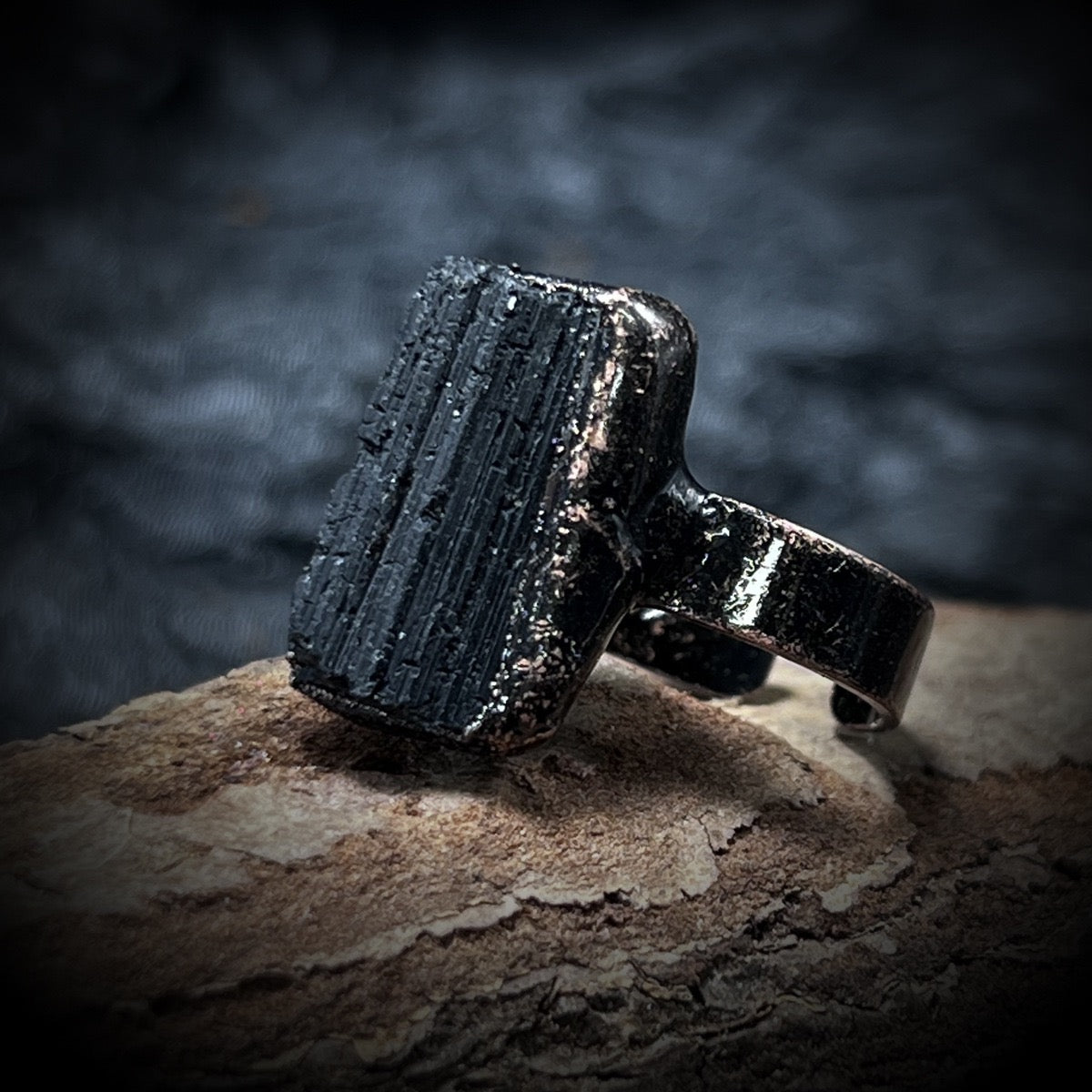 black tourmaline ring with rustic copper base

