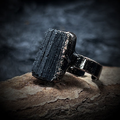 black tourmaline ring with rustic copper base

