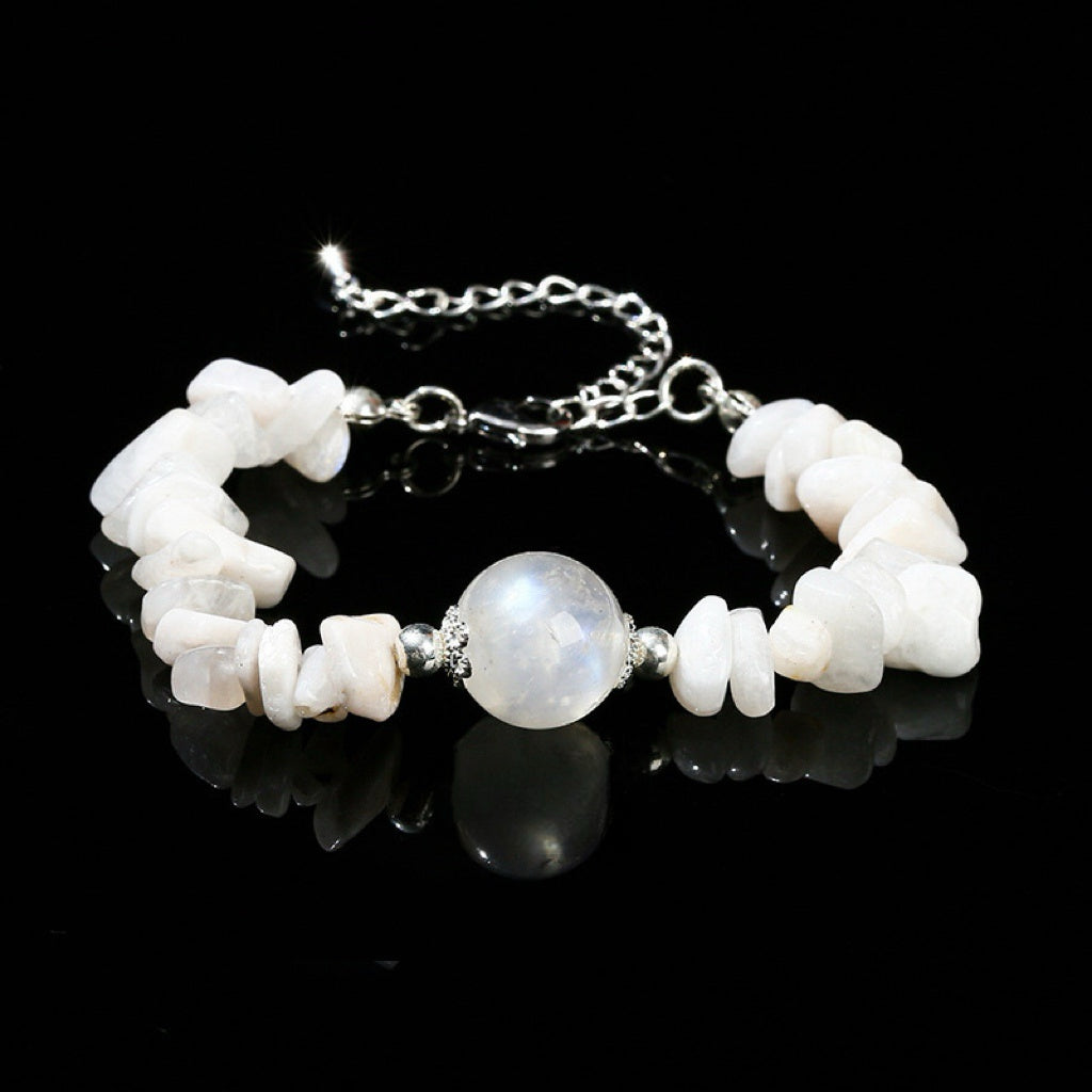 Blue Moonstone Chip Bracelet – Strengthens intuition, soothes emotions, and connects to feminine energy.