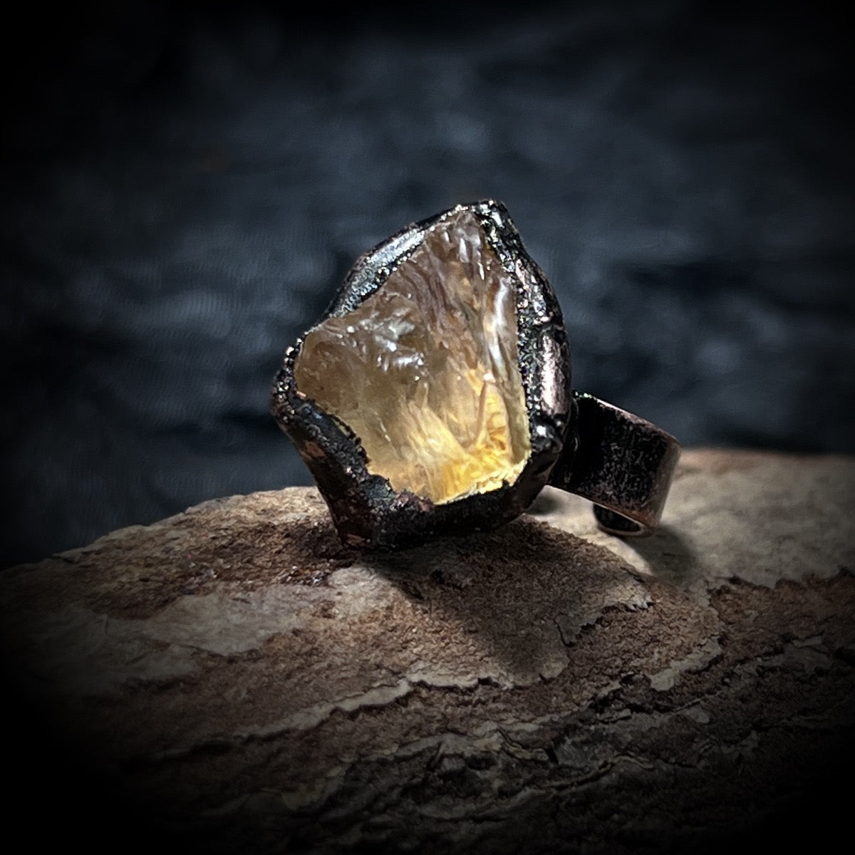 citrine raw crystal ring with copper electroforming

