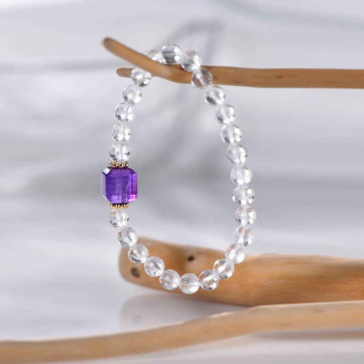 Faceted Clear Quartz & Amethyst Bracelet | Clarity & Inner Light(6mm)