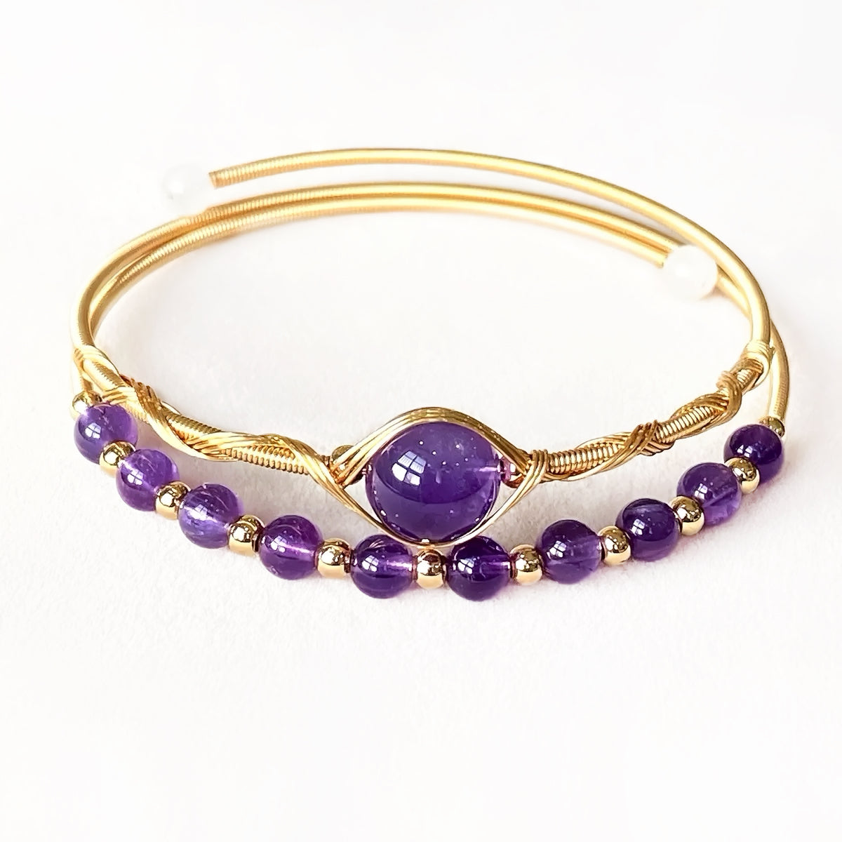 Deep purple amethyst bangle, wire-wrapped healing crystal