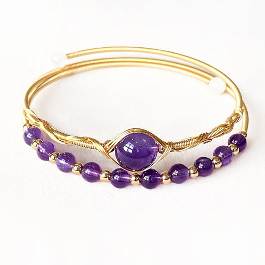 Deep purple amethyst bangle, wire-wrapped healing crystal