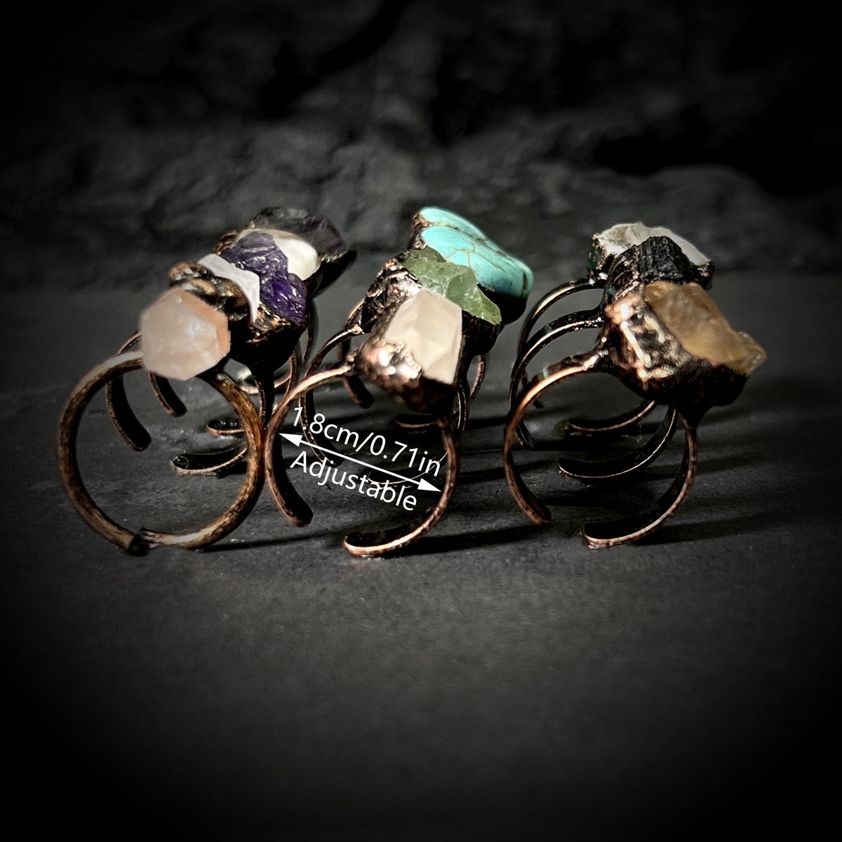 group display of copper electroformed crystal rings

