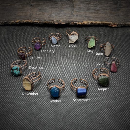 All 12 Healing Birthstone Crystal Rings - Full Collection Display