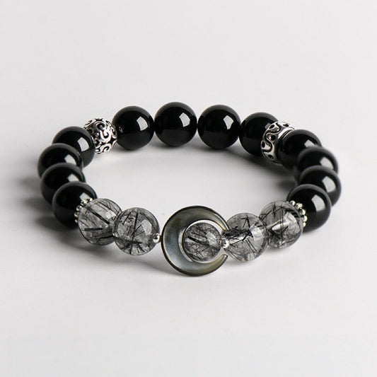 Men's bracelet with obsidian and rutilated quartz  