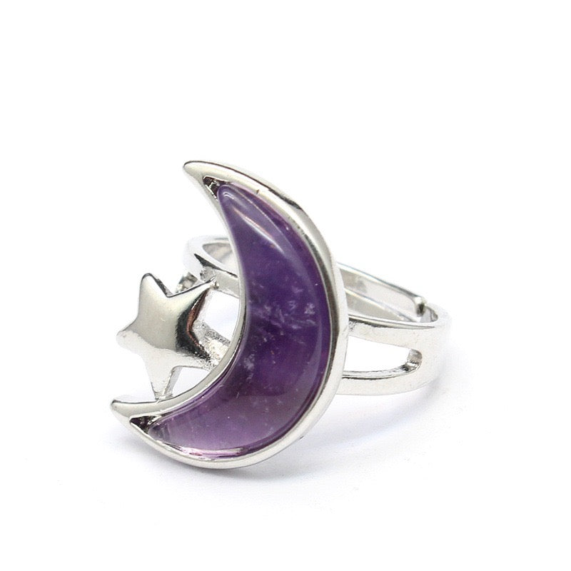 Moon & Star ring with Amethyst crystal

