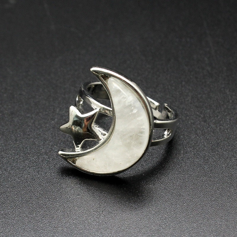 Moon & Star ring with Clear Quartz crystal
