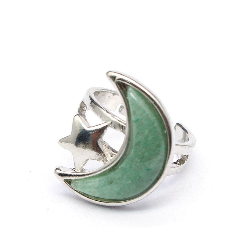 Moon & Star ring with Green Aventurine crystal
