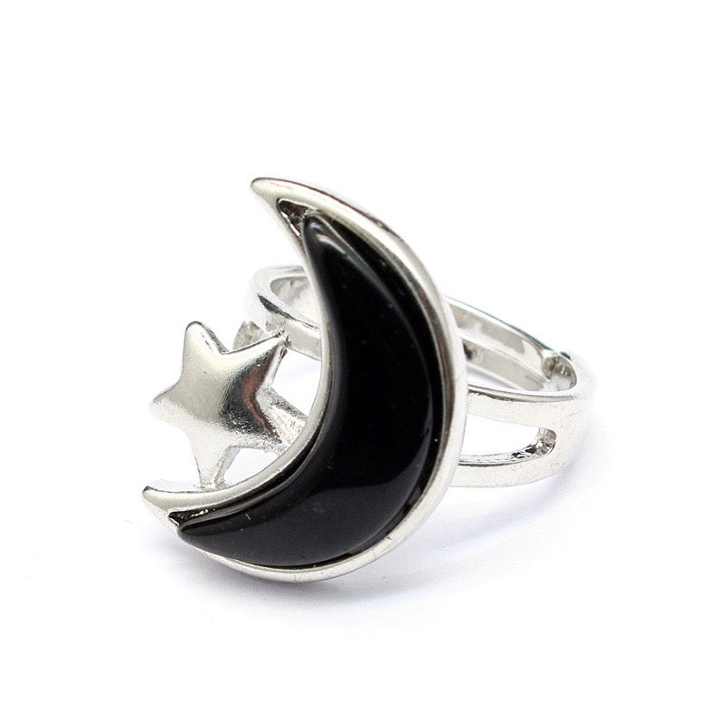 Moon & Star ring with Obsidian crystal

