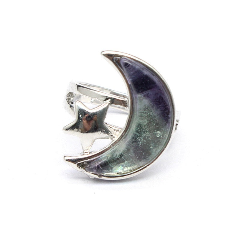 Moon & Star ring with Rainbow Fluorite crystal
