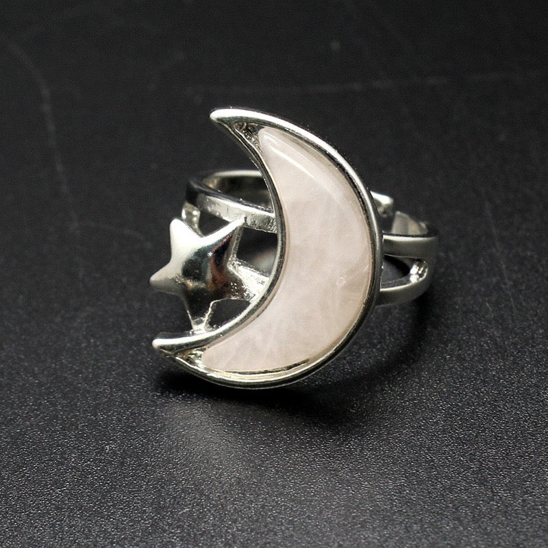 Moon & Star ring with Rose Quartz crystal
