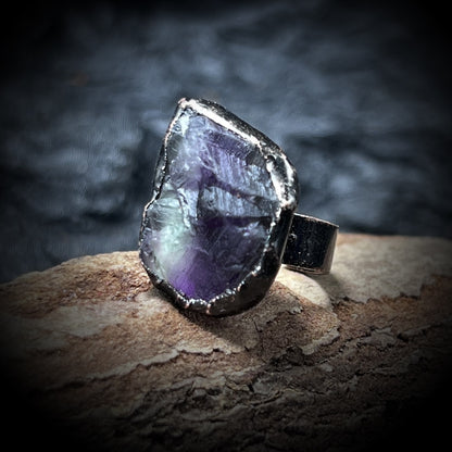 rainbow fluorite ring with copper band

