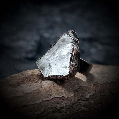 raw clear quartz point ring on copper

