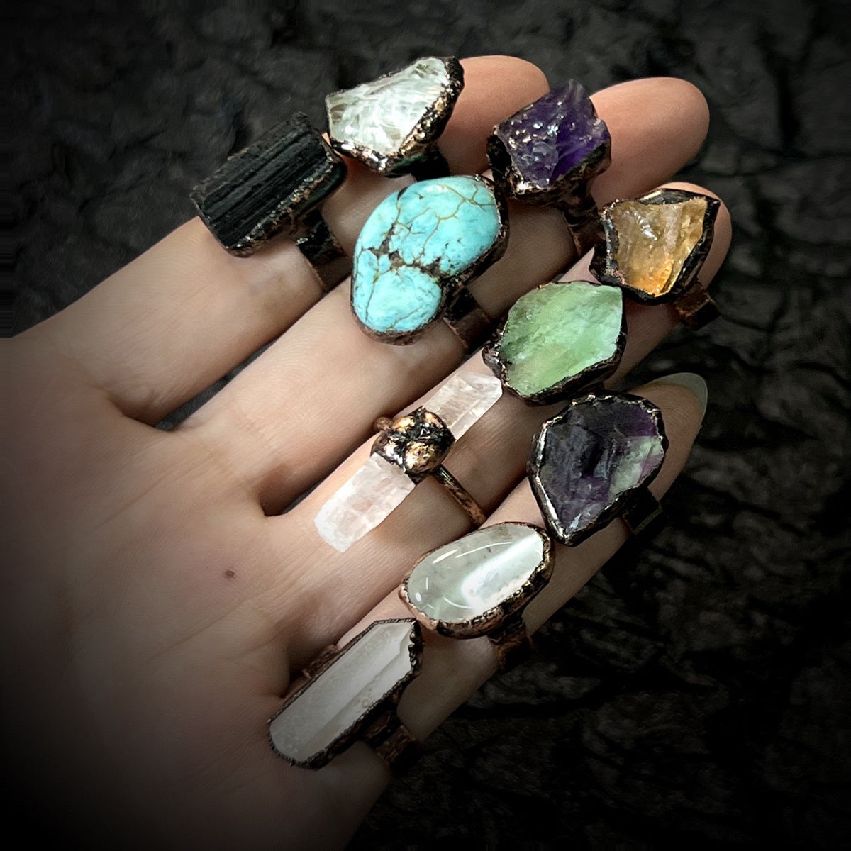raw crystal rings on hand showing all variations

