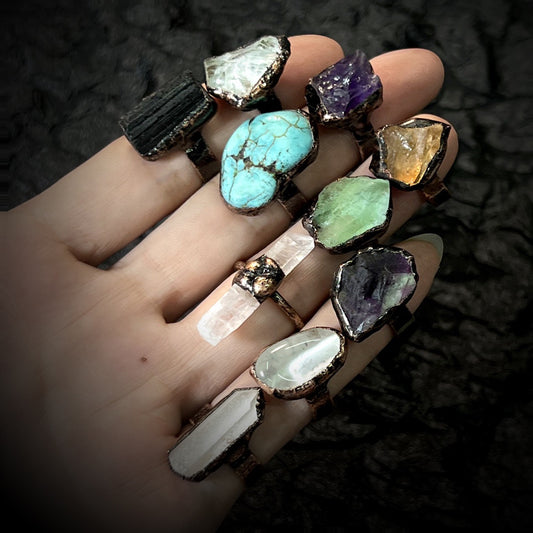 raw crystal rings on hand showing all variations

